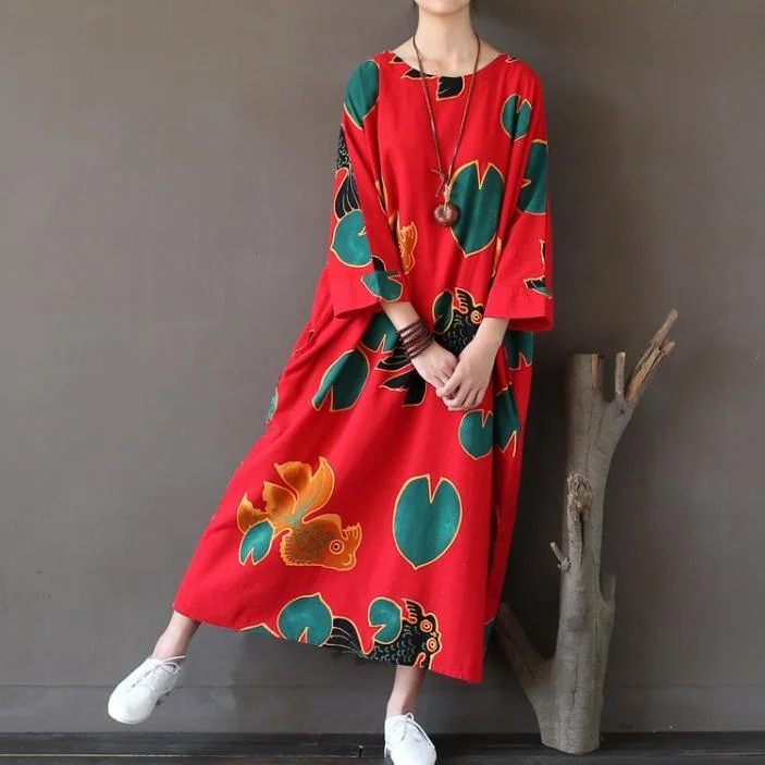 red prints vintage linen caftans plus size batwing sleeve maxi dress Chic Off-Shoulder Maxi Dress