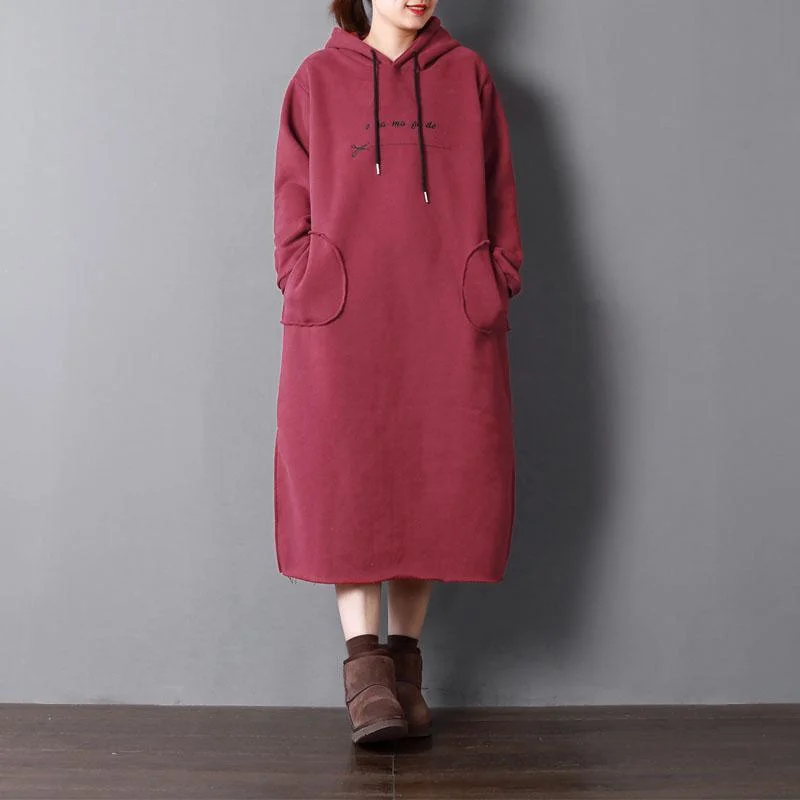 red spring dress oversize maxi dresses hooded drawstring cotton pockets dress Elegant Sleeveless Maxi Dress