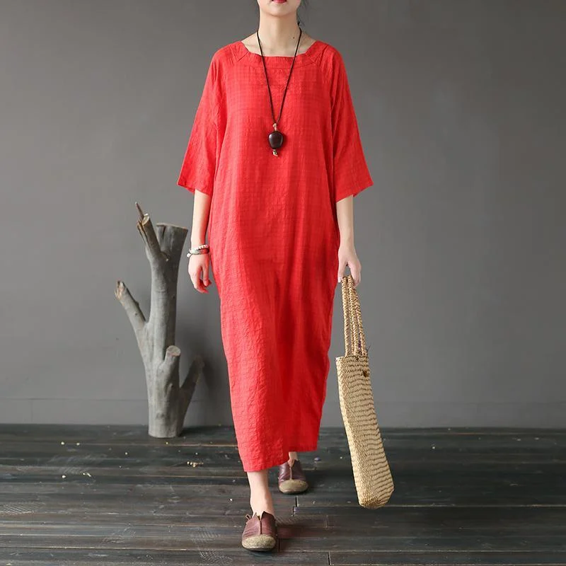 red vintage brief cotton maxi dress oversize casual caftans Stylish Boho Maxi Dress