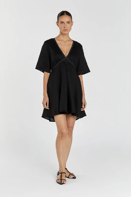 RHODES BLACK LINEN MINI DRESS Comfortable One-Shoulder Mini Dress