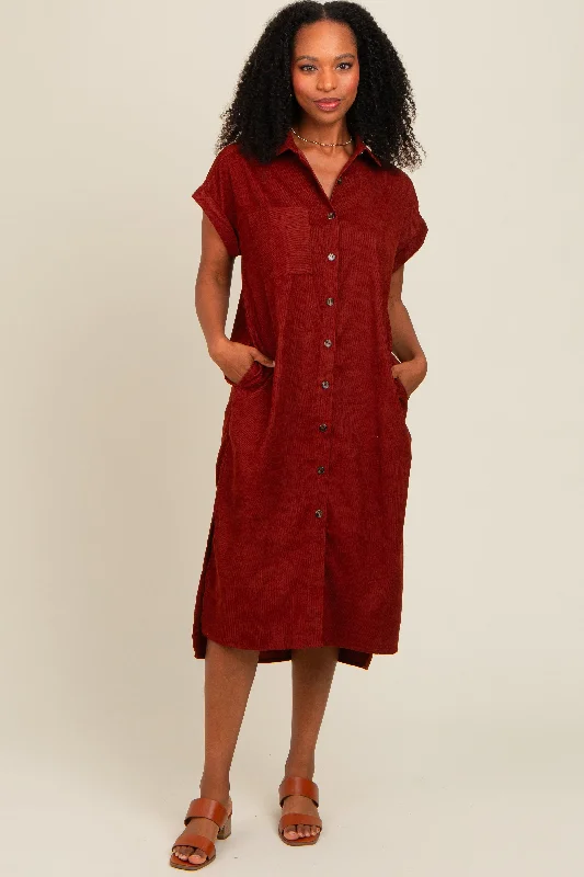 Rust Corduroy Button Down Midi Dress Stylish Halter Neck Midi Dress