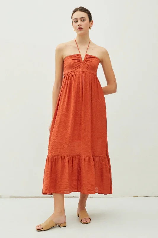 Rust Halter Midi Dress Fashionable Fitted Midi Dress