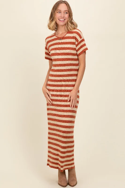 Rust Striped Knit Midi Dress Trendy Smocked Waist Midi Dress