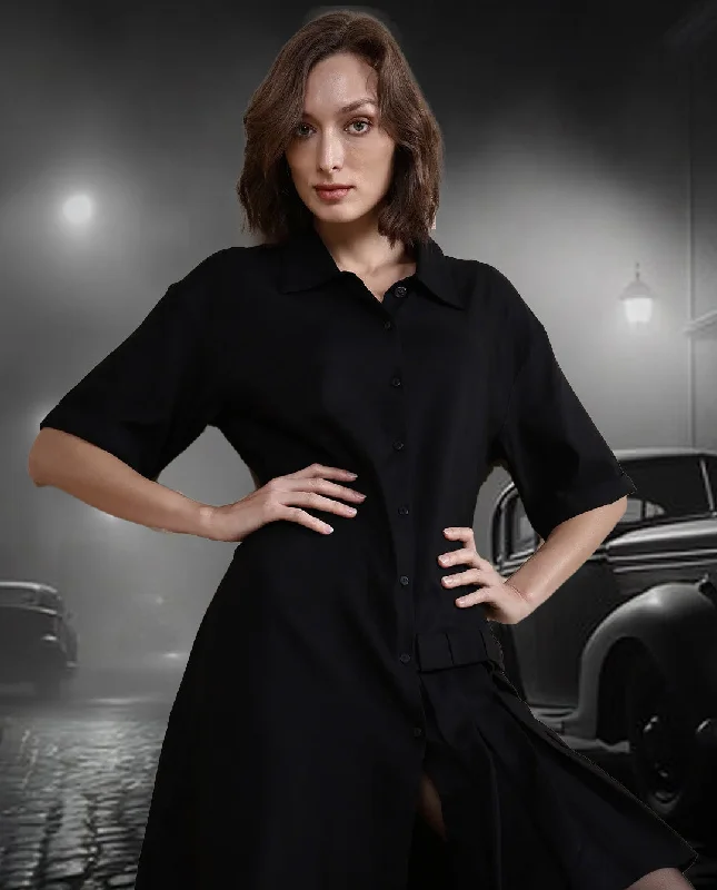 Rareism Women Sakal Black Roll-Up Sleeve Collared Button A-Line Plain Mini Dress Cozy Cotton Mini Dress