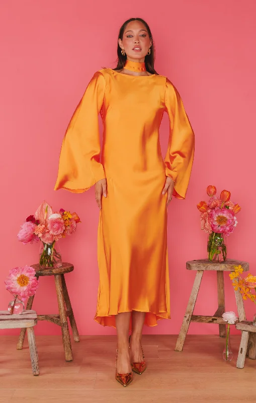 Sarah Midi Dress ~ Tangerine Fluid Satin Trendy Boho Midi Dress