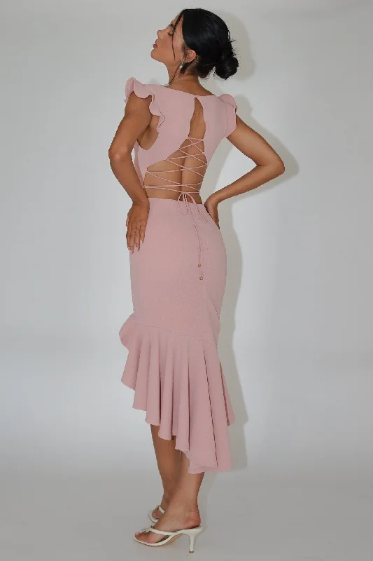 Seanna Strappy Back Midi Dress Blush Elegant Lace Trim Midi Dress