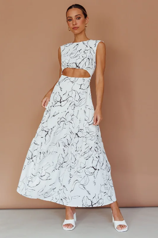 Shaniqua Cut-Out Sleeveless Midi Dress Print White Elegant Satin Slip Midi Dress