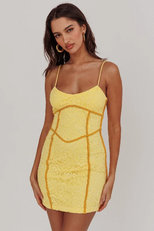 Shenae Piping Trim Mini Dress Lace Yellow Elegant Velvet Mini Dress