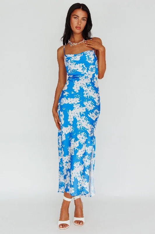 Sherilyn Criss-Cross Back Midi Dress Blue Floral Trendy Mock Neck Midi Dress