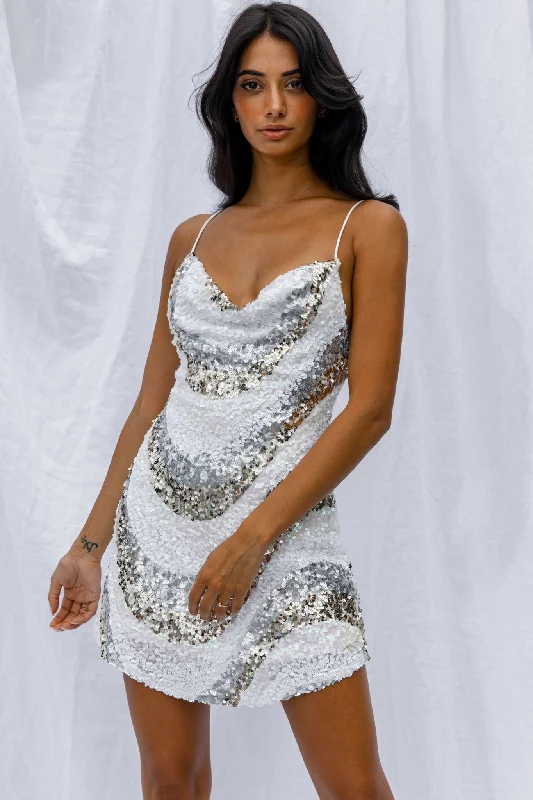 Show Me Love Cowl Neck Mini Dress Sequin Swirl White Comfortable Bodycon Mini Dress