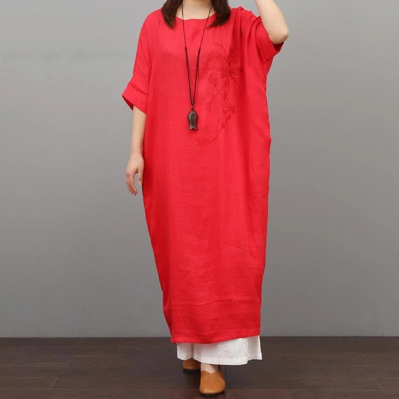 Simple o neck half sleeve Long Shirts Catwalk red Maxi Dress summer Classic Solid Maxi Dress