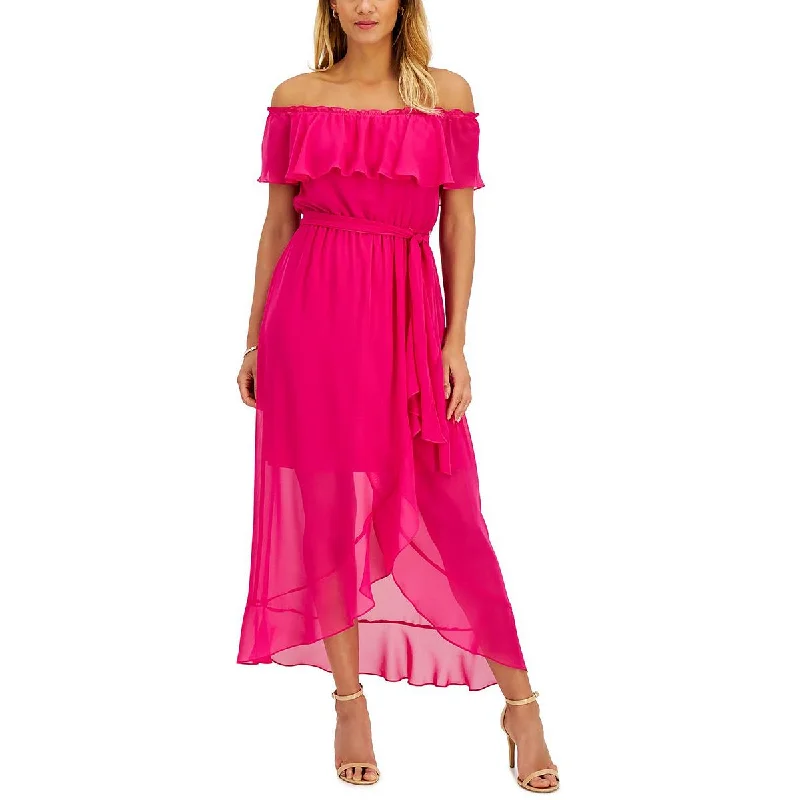 SLNY Womens Chiffon Belted Maxi Dress Fashionable Asymmetrical Maxi Dress