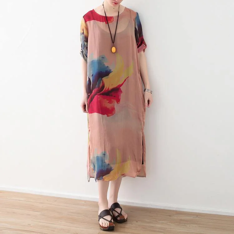 Smell of the flowers chiffon dresses Loose fitting side open maxi dresses women o neck gown Comfortable Bohemian Maxi Dress