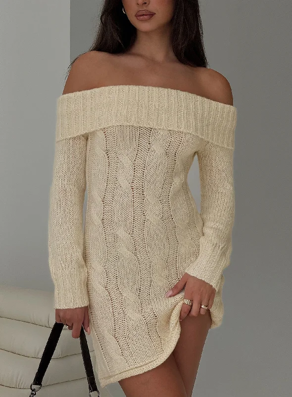 Snow Angel Off Shoulder Knit Jumper Mini Dress Cream Elegant Vintage Mini Dress