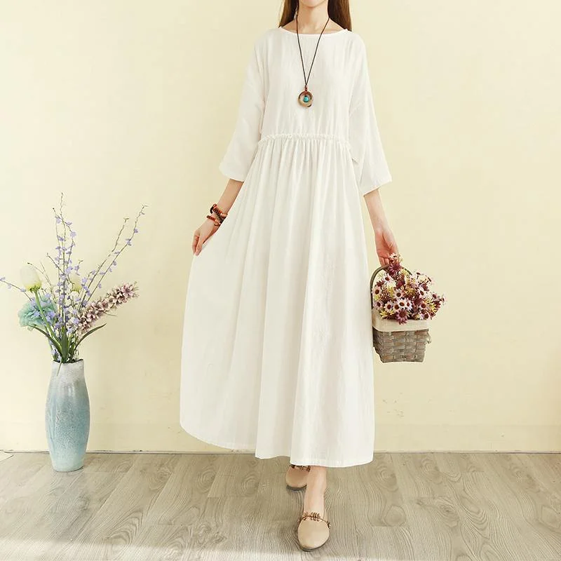 Style O-Neck Patchwork Linen Cotton Clothes Omychic Tunic Tops White Maxi Dresses Trendy Fit-and-Flare Maxi Dress