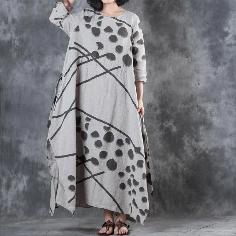 stylish beige prints  natural linen dress  oversized side open linen gown casual drawstring maxi dresses Cozy Knitted Maxi Dress