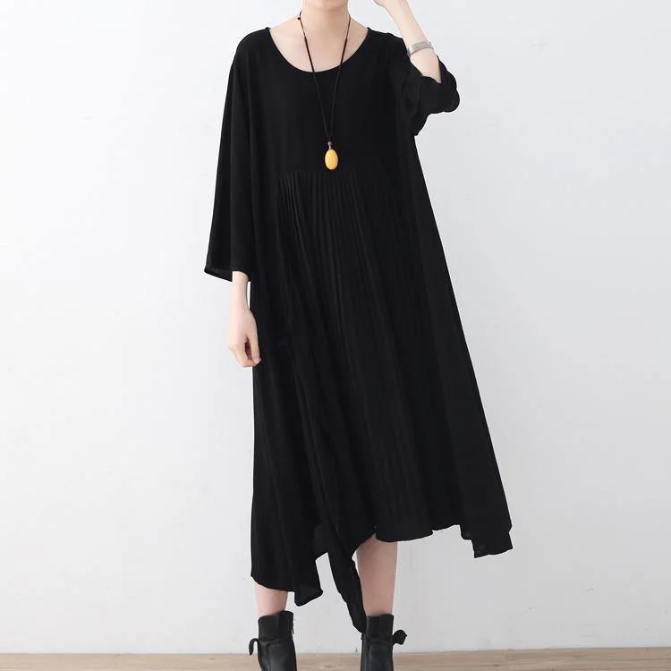 Stylish Black Natural Chiffon Dress Plus Size Asymmetric Hem Caftans Boutique O Neck Maxi Dresses Trendy Maxi Dress with Lace