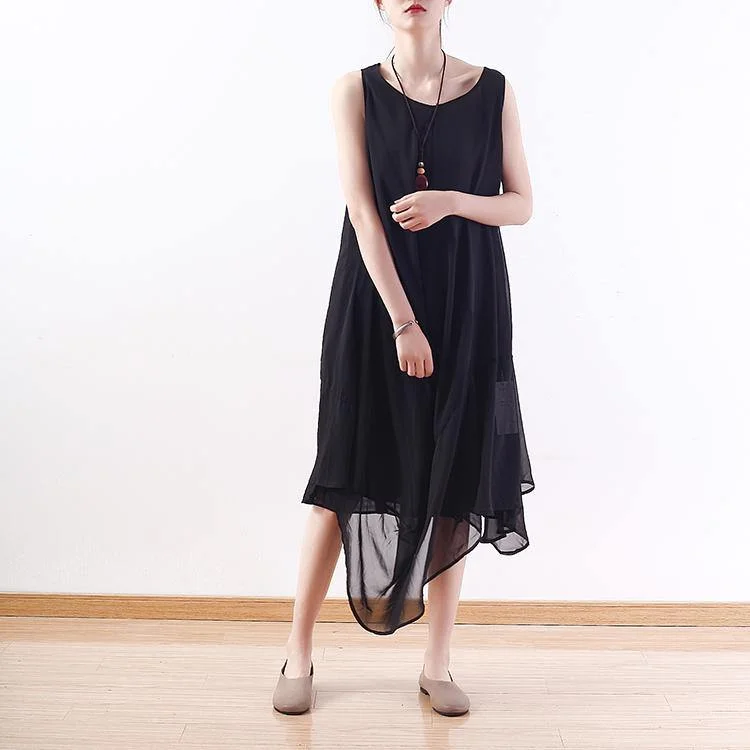 stylish black natural chiffon dress  plus size asymmetric hem chiffon maxi dress casual sleeveless caftans Cozy Longline Maxi Dress