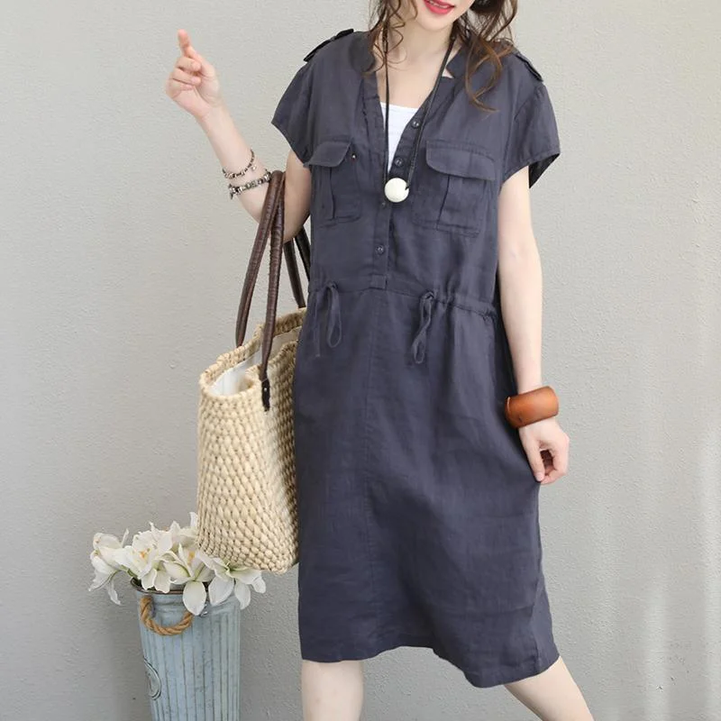 stylish blue long linen dresses plus size V neck tie waist linen maxi dress Fine pockets gown Trendy Off-Shoulder Ruffle Maxi Dress