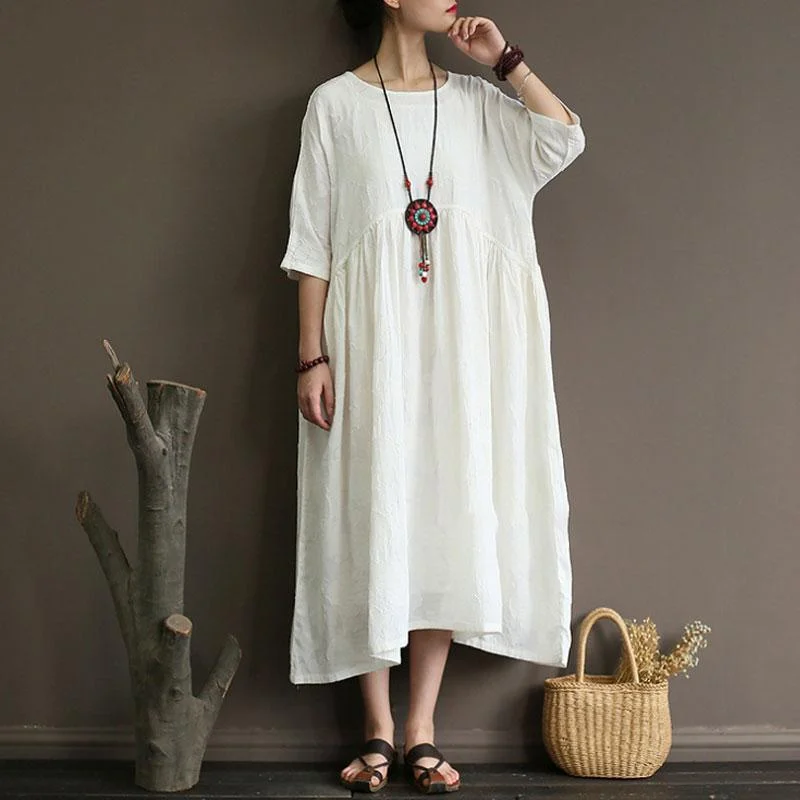 Stylish Cotton Linen Maxi Dress Plus Size Clothing Summer Cotton Linen Half Sleeve White Pleated Dress Chic Summer Floral Maxi Dress