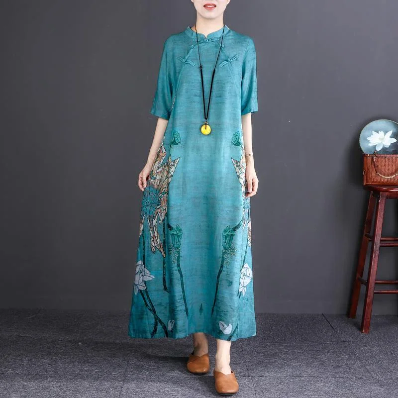 stylish dark blue print long cotton linen dress oversize Stand linen maxi dress vintage long sleeve baggy dresses Trendy V-Neck Maxi Dress