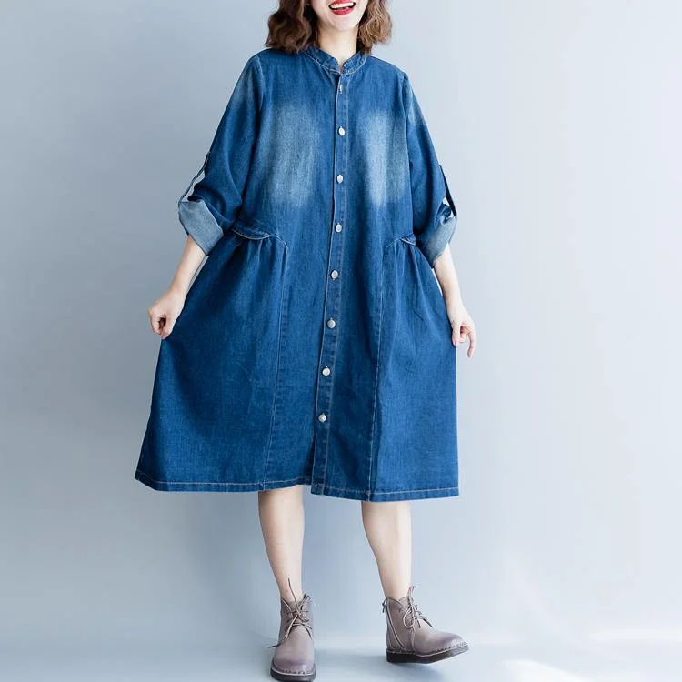 stylish denim blue cotton dresses trendy plus size cotton maxi dress embroidery women stand collar cotton dress Comfortable T-Shirt Maxi Dress