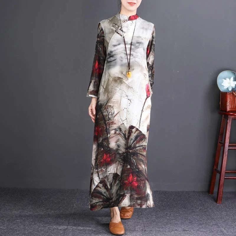 stylish floral cotton linen maxi dress Loose fitting Stand pockets 2018 long sleeve maxi dresses Classic Strapless Maxi Dress