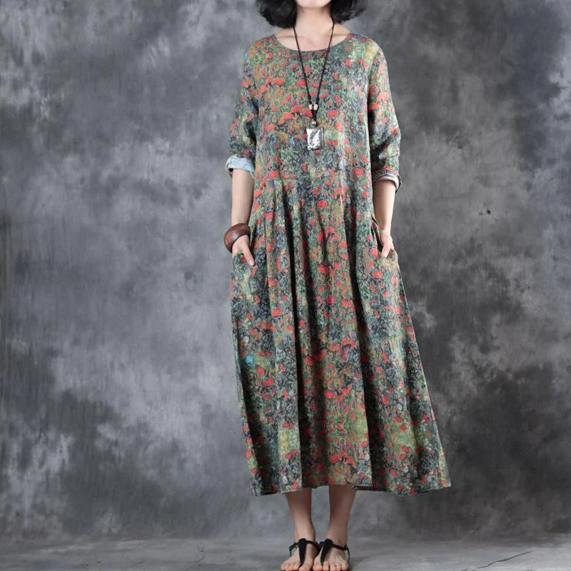 stylish floral  linen maxi dress plus size patchwork linen gown top quality pleated gown Classic Tulle Maxi Dress