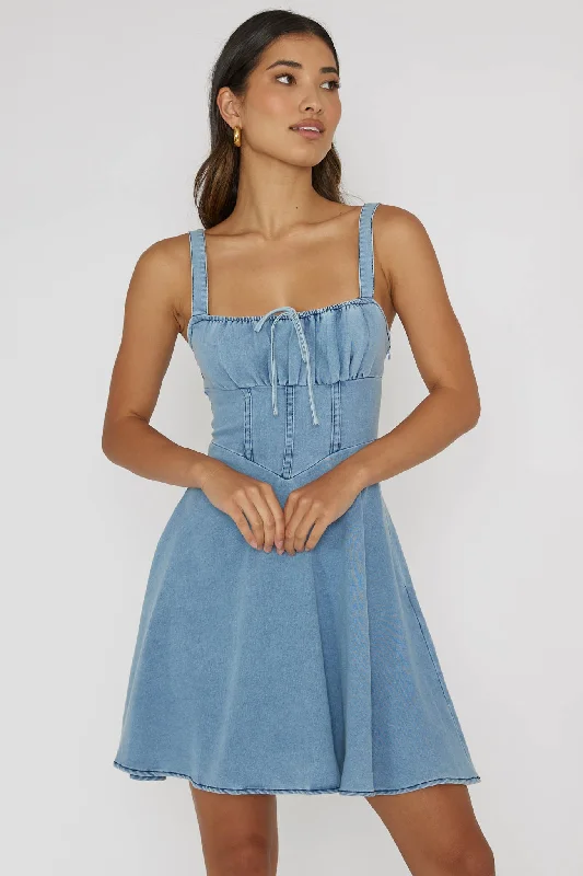 Sweet Pea Tied Bust Mini Dress Denim Blue Fashionable Denim Mini Dress