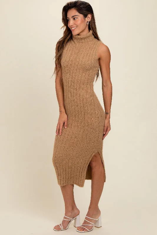 Taupe Fuzzy Knit Sleeveless Turtle Neck Midi Dress Cozy Ribbed Knit Midi Dress