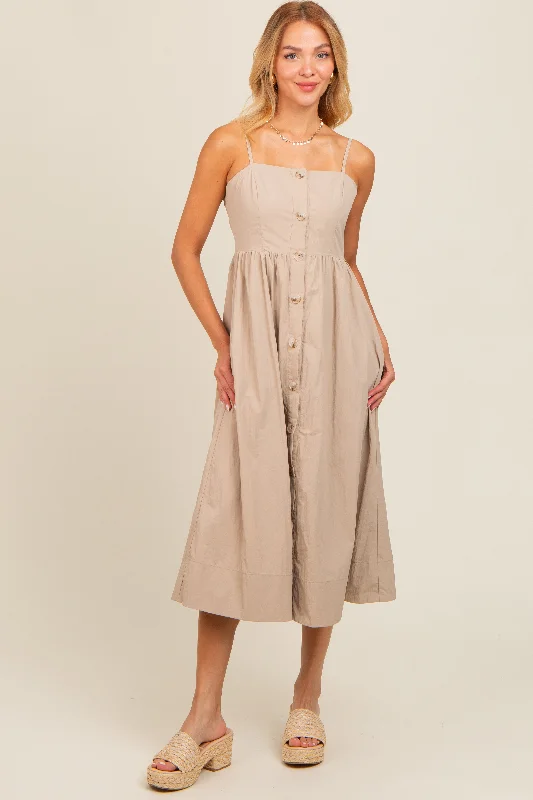 Taupe Sleeveless Button Down Midi Dress Fashionable Casual Midi Dress