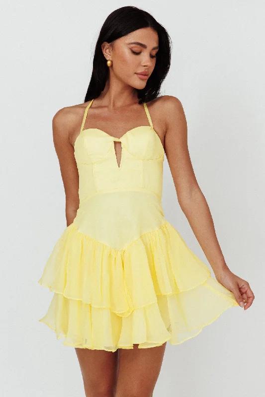 Tuscan Summer Flounce Mini Dress Lemon Trendy Off-Shoulder Dress Mini