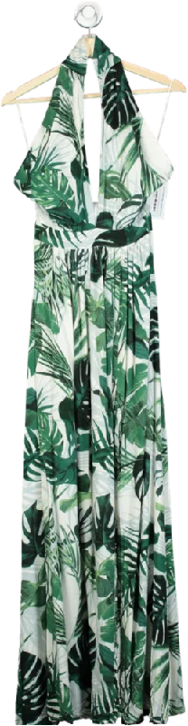 Green and White Leaf Print Halter Maxi Dress UK L Trendy Floral Print Maxi Dress