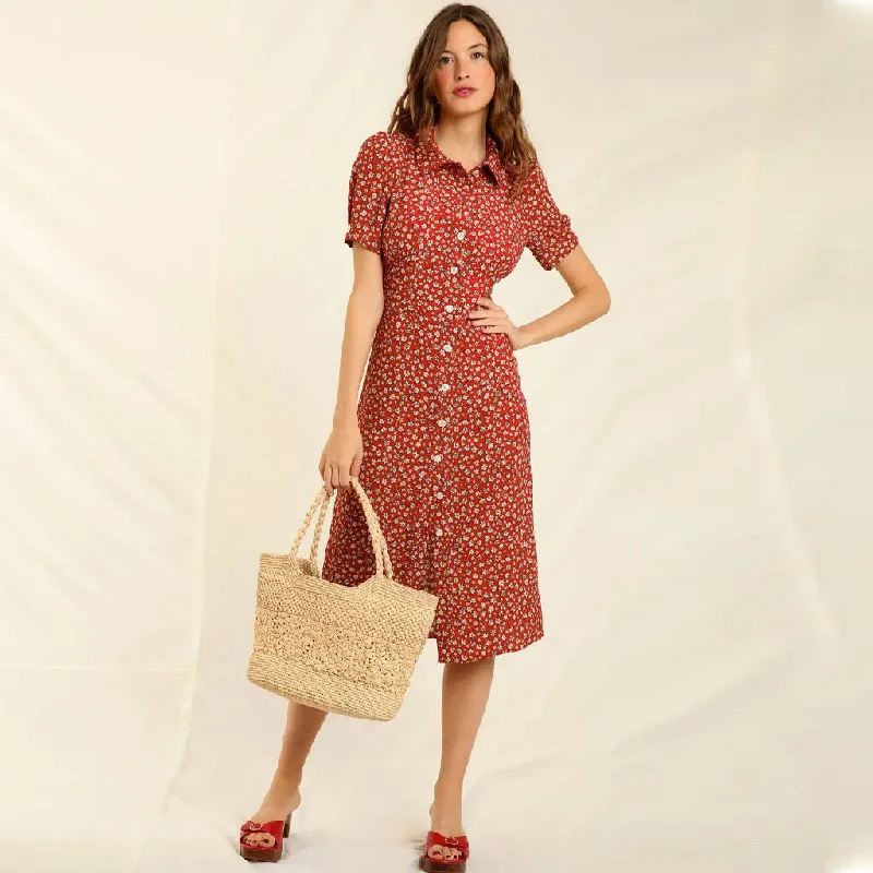 Vintage Floral Print Collared Button Up Short Sleeve Midi Dress - Red Trendy Bodycon Midi Dress