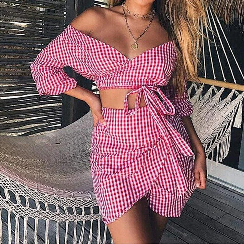 FashionSierra - Women 2 Piece Plaid Crop Top Bodycon Skirt Summer Beach Party Mini Dress Elegant Tulle Mini Dress