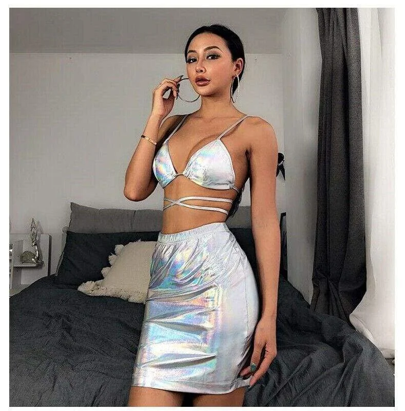 FashionSierra - Women 2 Piece Summer Backless Bodycon Crop Tops and Skirt Set Short Mini Dress Party Sexy Ladies Clubwear Set Fashionable Lace-Trim Mini Dress