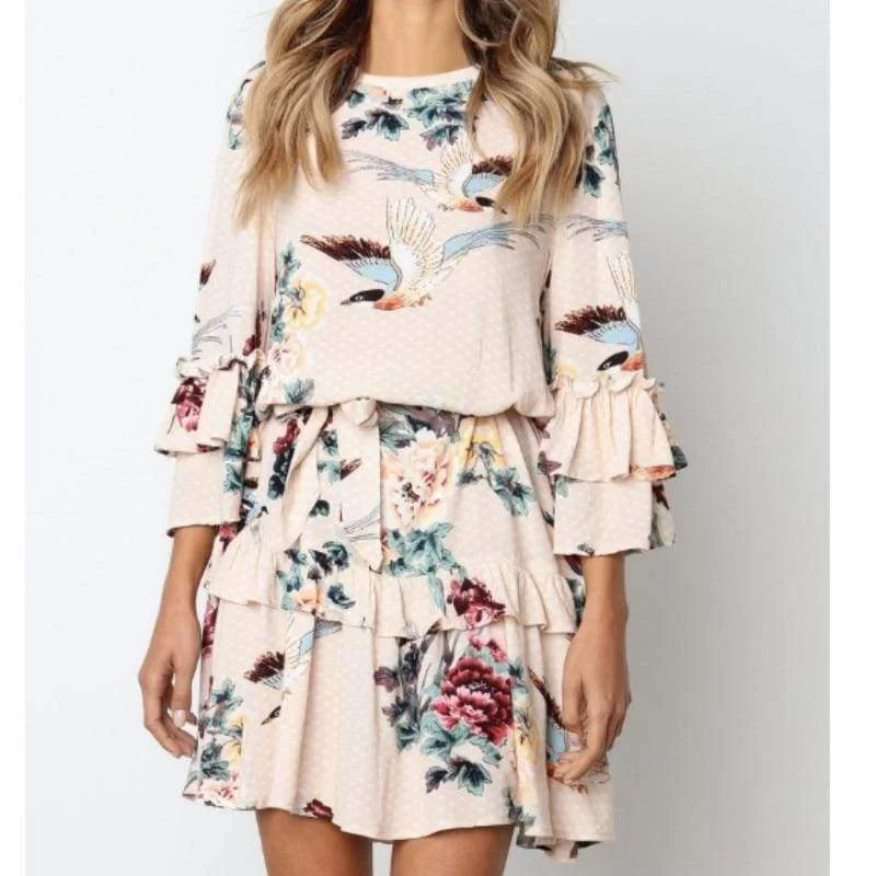 FashionSierra - Women Autumn Spring Elegant Vintage Floral Ruffles Mini Dress Chsinese Printed Casual Dress Chic Puff Sleeve Mini Dress