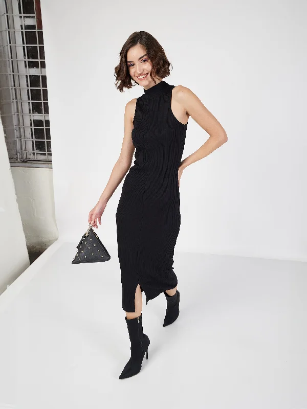 Women Black Rib Turtle Neck Sleeveless Midi Dress Fashionable Pencil Midi Dress