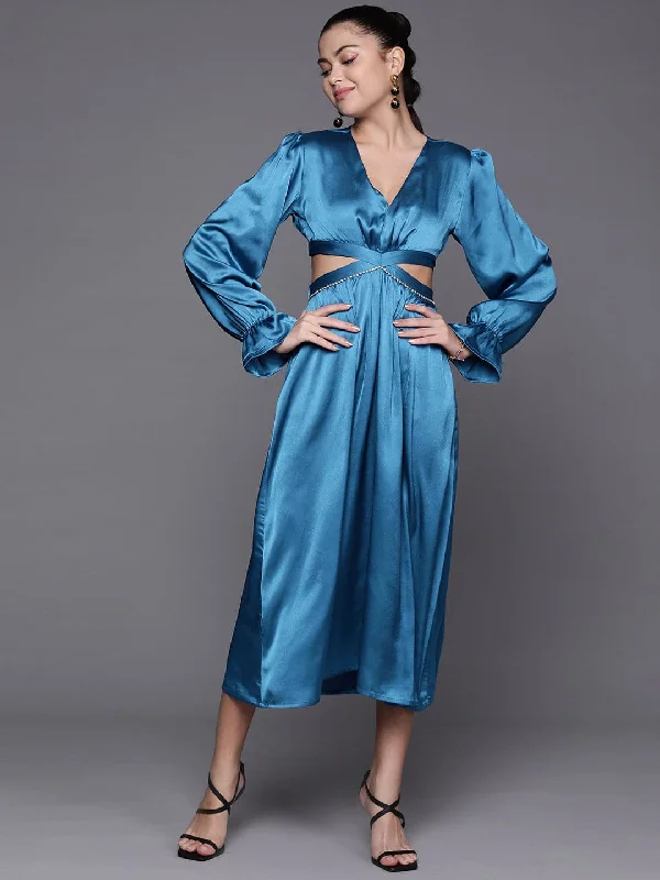 Women Blue Satin Cut Out Midi Dress Elegant Satin Midi Dress