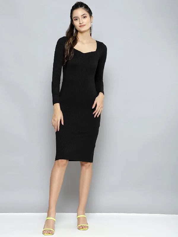 Women Charcoal Rib Sweetheart Neck BodyCon Midi Dress Fashionable Pleated Midi Dress