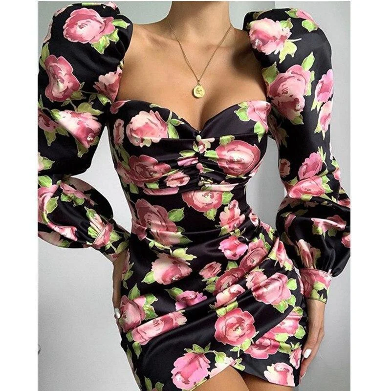 FashionSierra - Women Floral Print Long Sleeve Party Mini Dress Sexy Sheath Club Wear Slash Neck Dresses Elegant Lace-Up Mini Dress