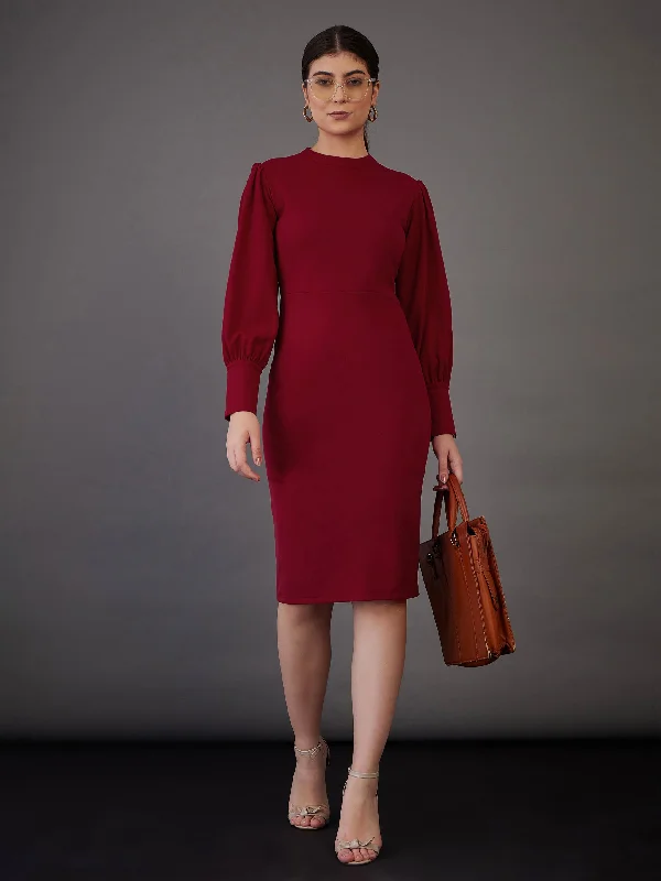 Women Red Puff Sleeves Bodycon Midi Dress Stylish Tiered Midi Dress