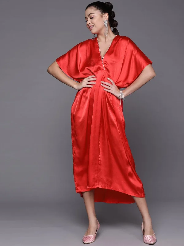 Women Red Satin Kaftan Midi Dress Fashionable Off-Shoulder Dress Midi