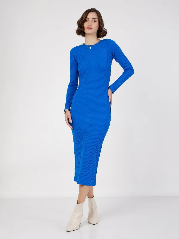 Women Royal Blue Rib Bodycon Midi Dress Elegant Pleated Sleeve Midi Dress