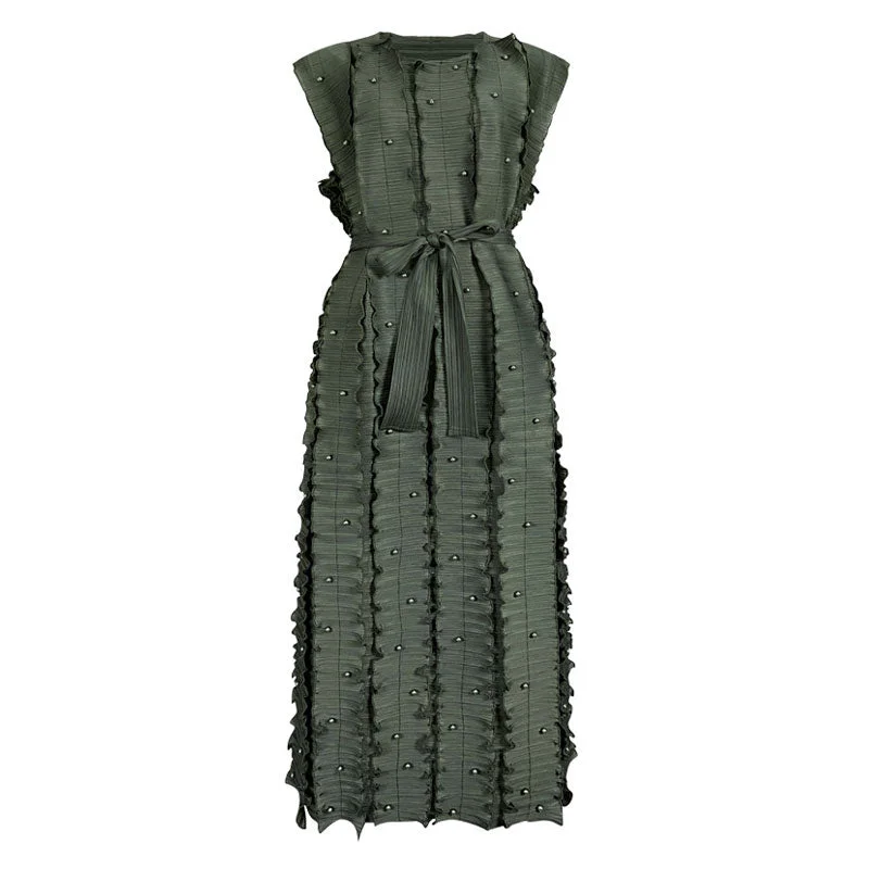 Wonderful Round Neck Beaded Detail Belted Ruffled Sleeveless Pleated Midi Dress Chic Bohemian Midi Dress