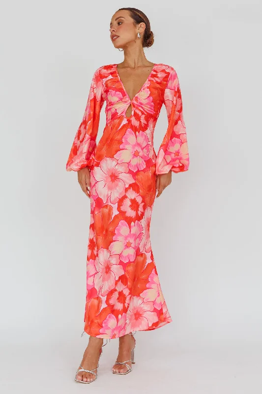 Yessica Balloon Sleeve Midi Dress Floral Pink Comfortable Ruched Midi Dress