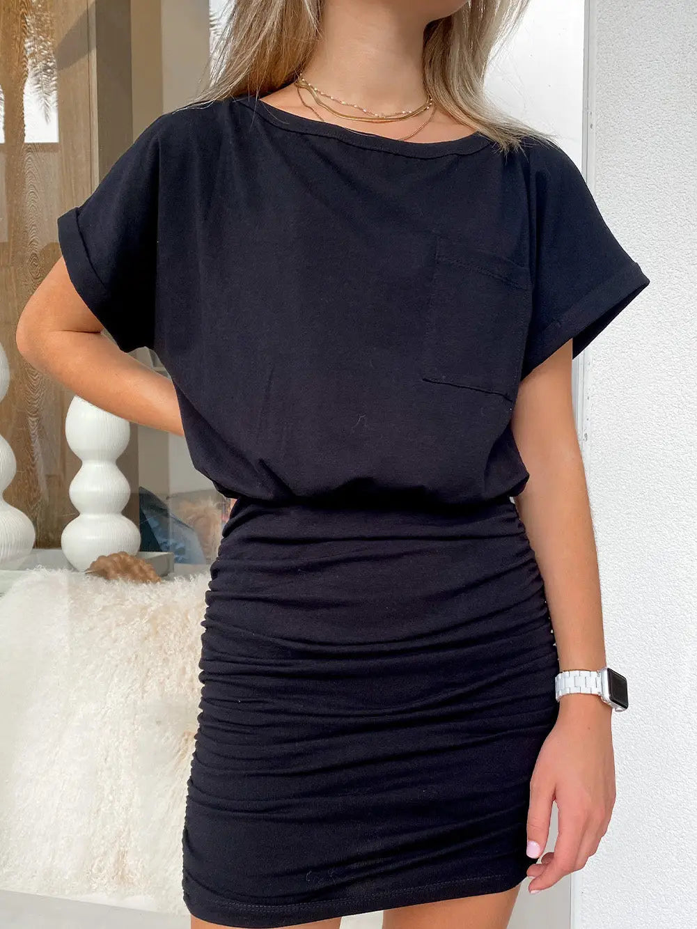 Black T-Shirt Ruched Mini Dress Front Pockets Side Pockets Patch Pockets