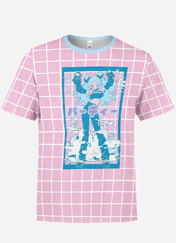 Kawaii Anime Grid Print T-Shirt Cashmere Blend Cotton Blend Poly Blend