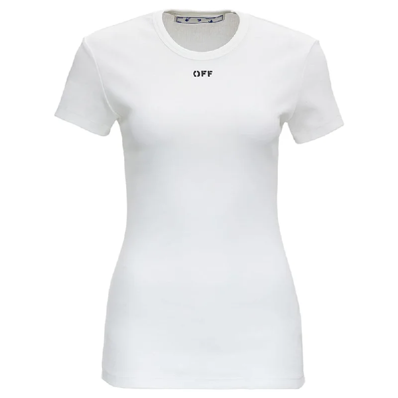 Off-White Women's Cotton Basic Logo Ribbed T-Shirt White Asymmetrical Pockets Print