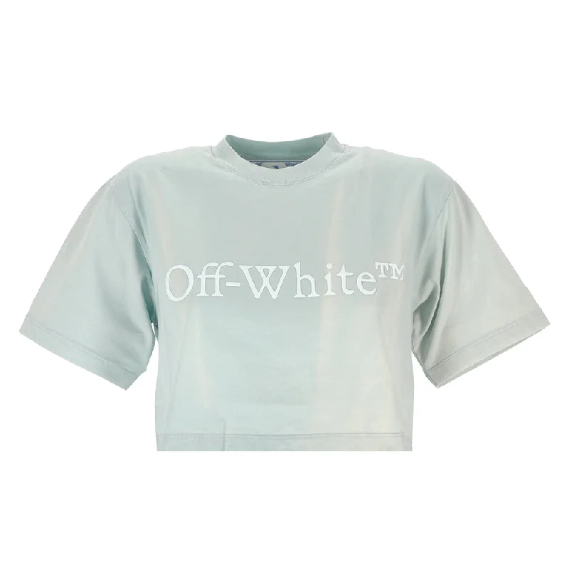 Off-White Women's Cropped Cotton Logo T-Shirt in Blue Basic T-Shirt Crew Neck Short Sleeve